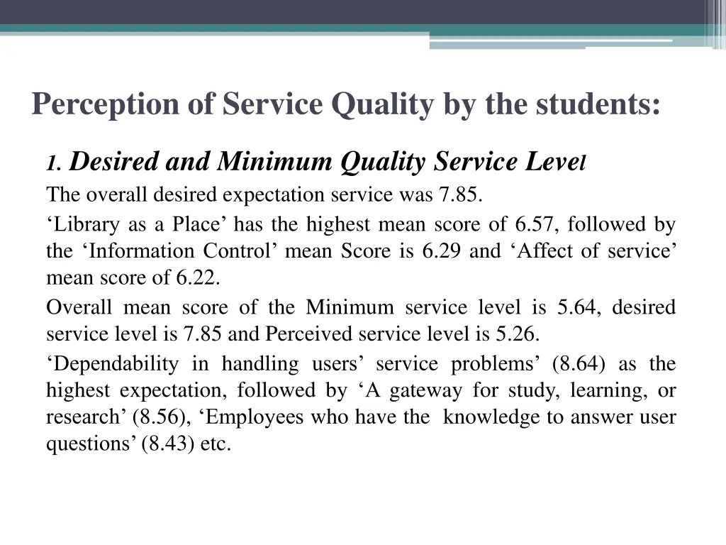 perception of service quality by the students