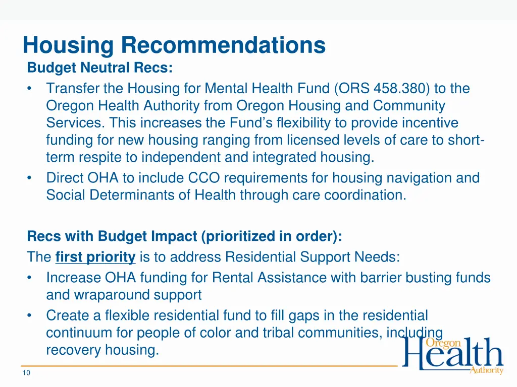 housing recommendations budget neutral recs