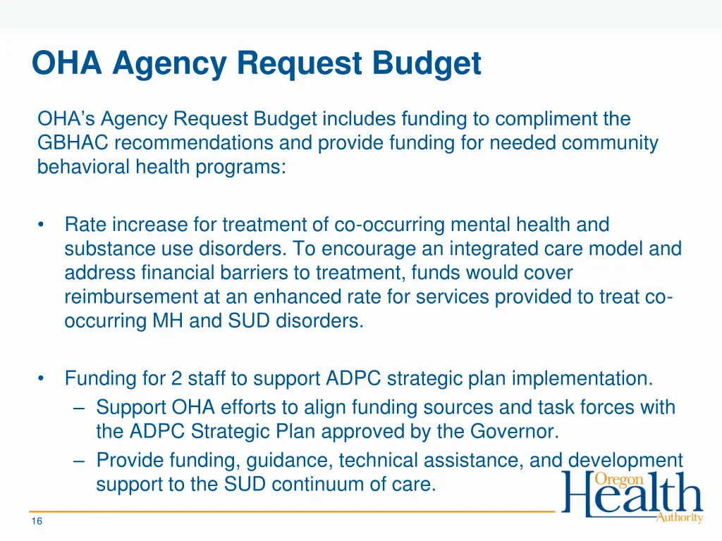 oha agency request budget