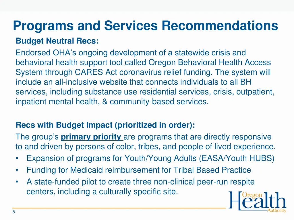 programs and services recommendations budget