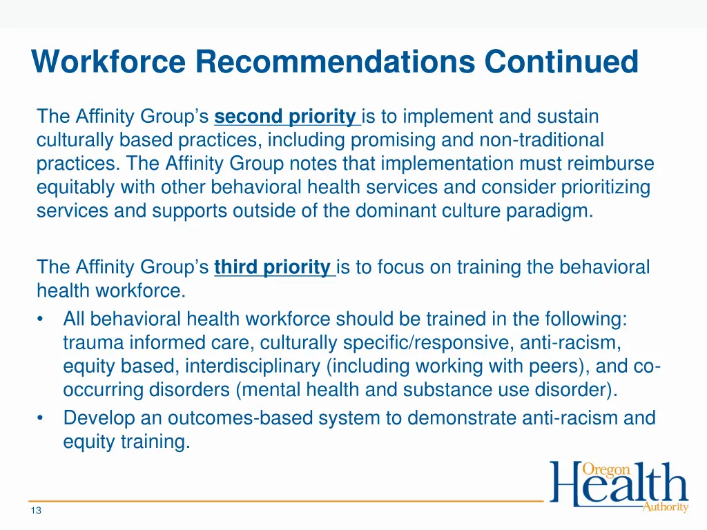 workforce recommendations continued