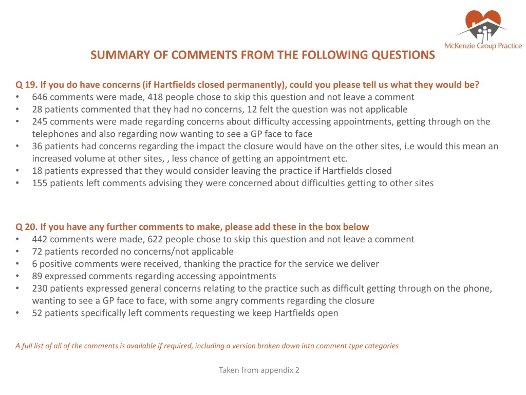 summary of comments from the following questions