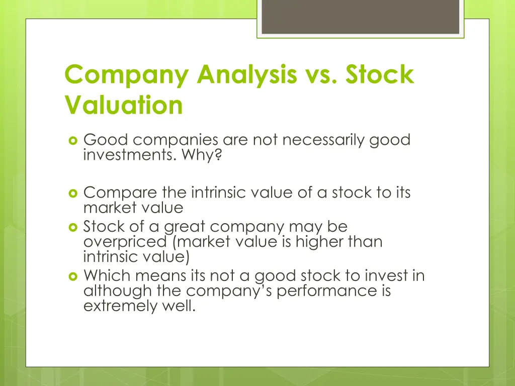 company analysis vs stock valuation