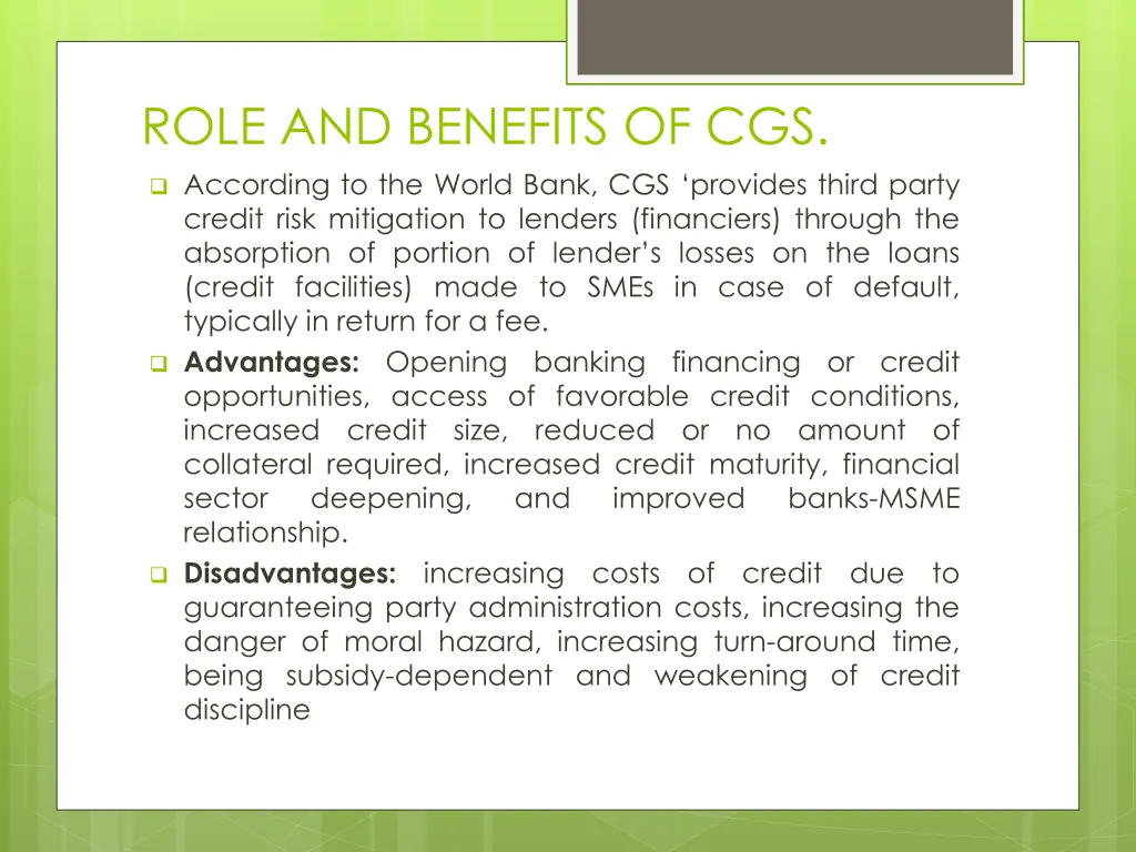 role and benefits of cgs according to the world