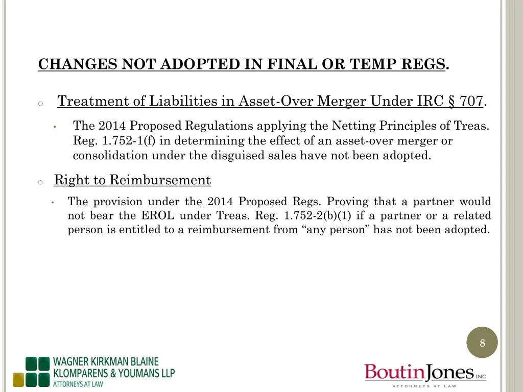 changes not adopted in final or temp regs