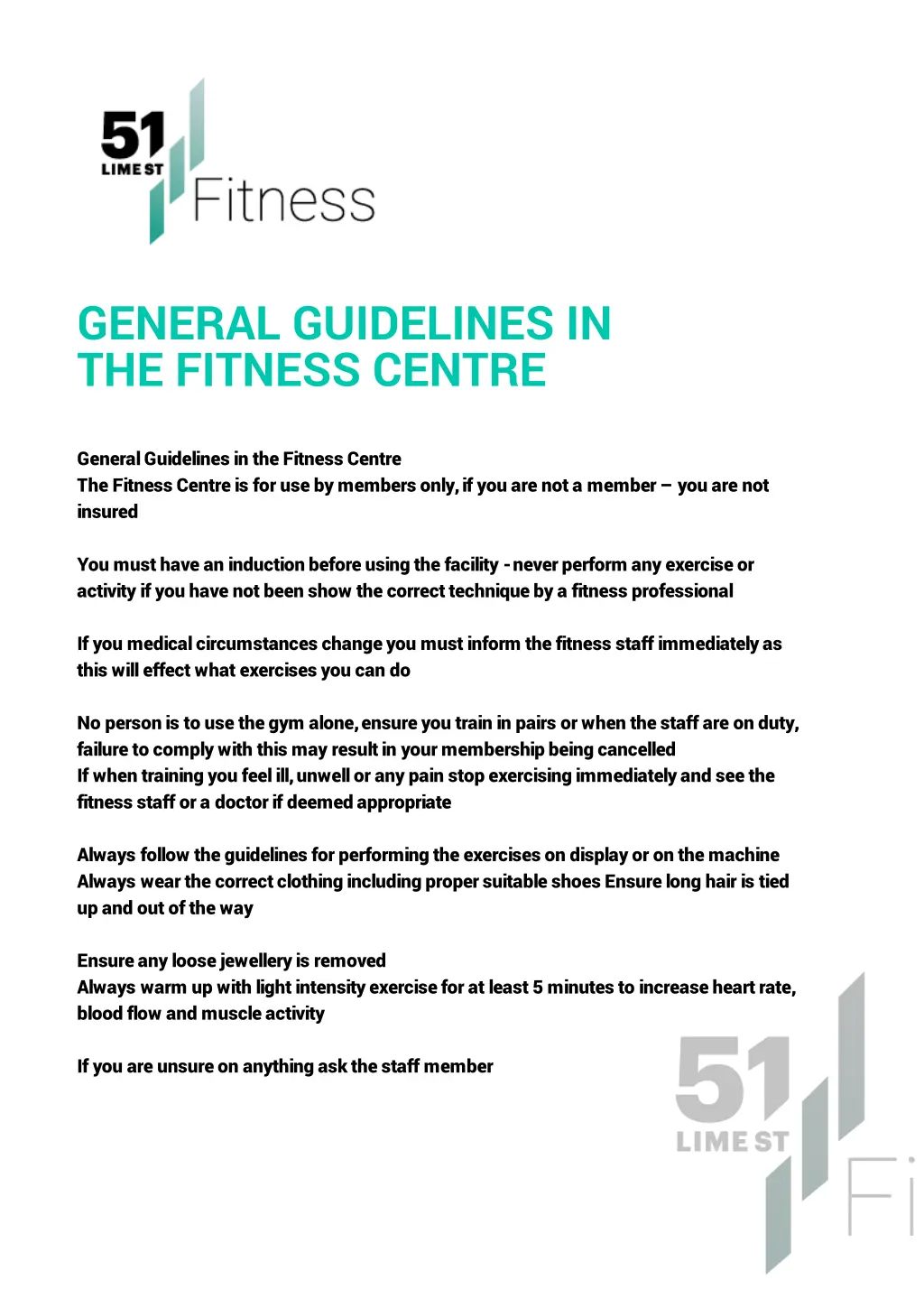 general guidelines in the fitness centre