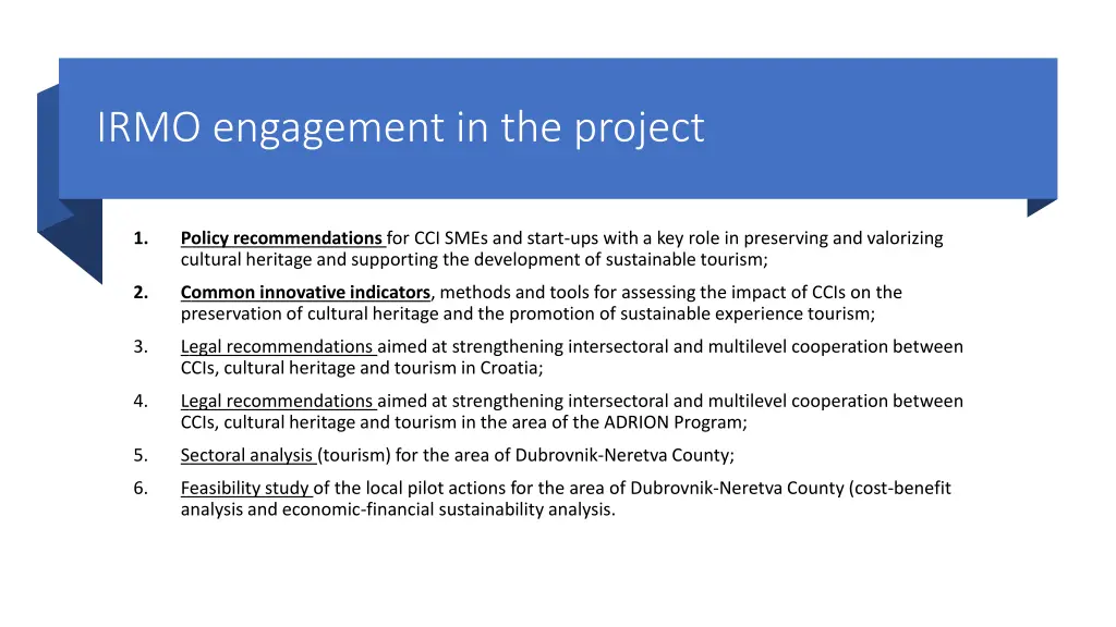 irmo engagement in the project