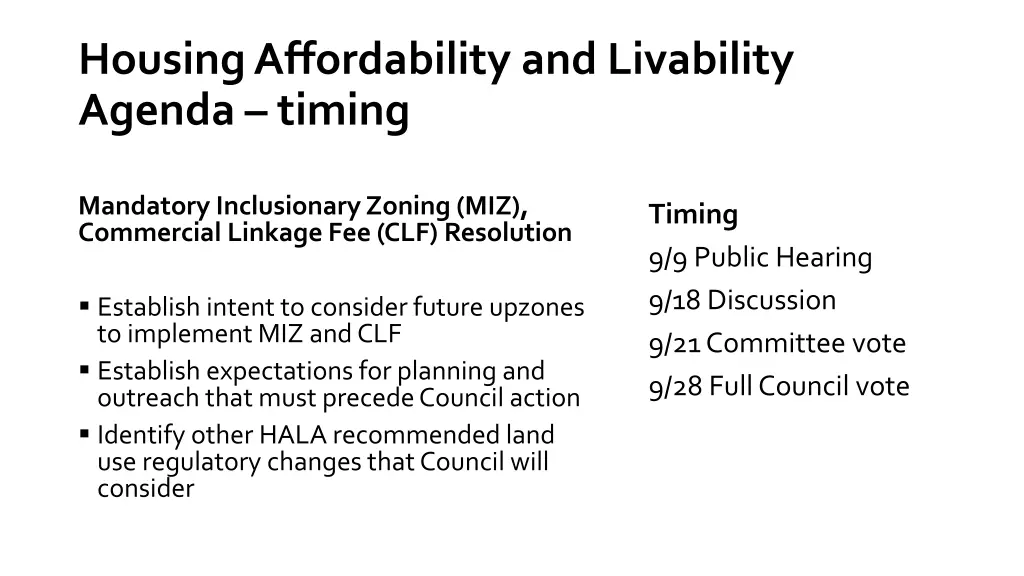 housing affordability and livability agenda timing 2