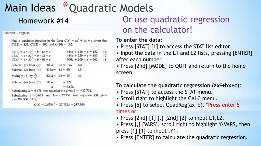 main ideas quadratic models homework 14