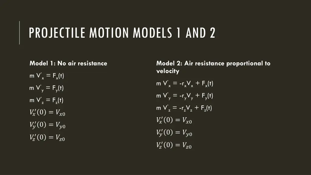 projectile motion models 1 and 2