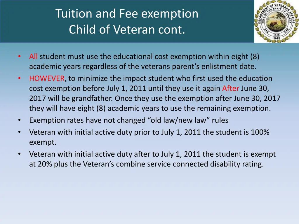 tuition and fee exemption child of veteran cont