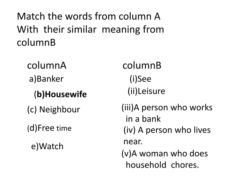 match the words from column a with their similar