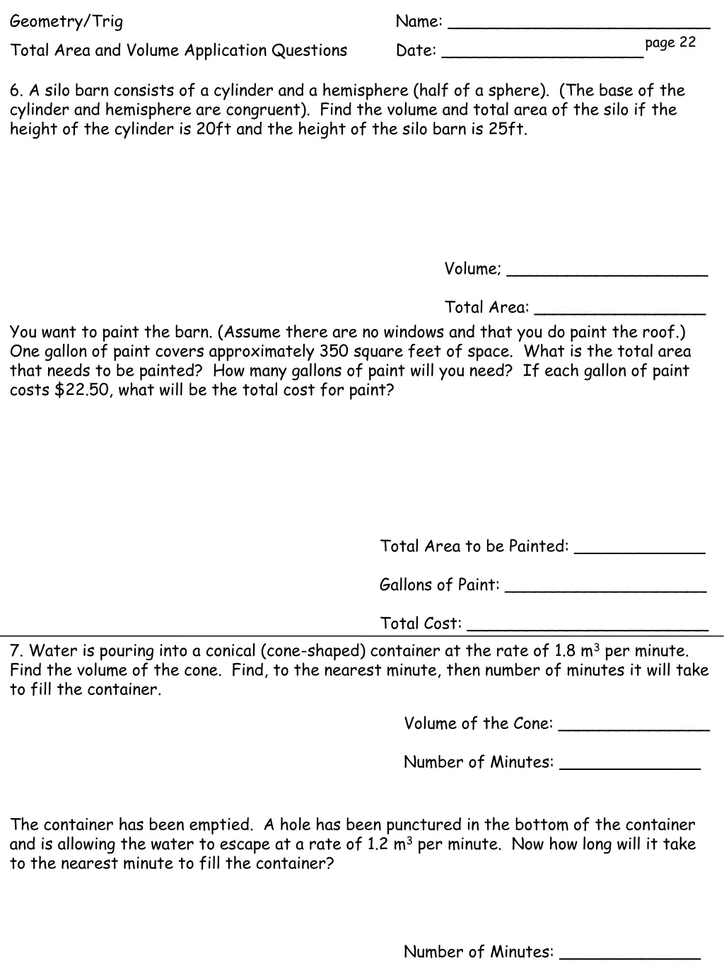 geometry trig total area and volume application 1