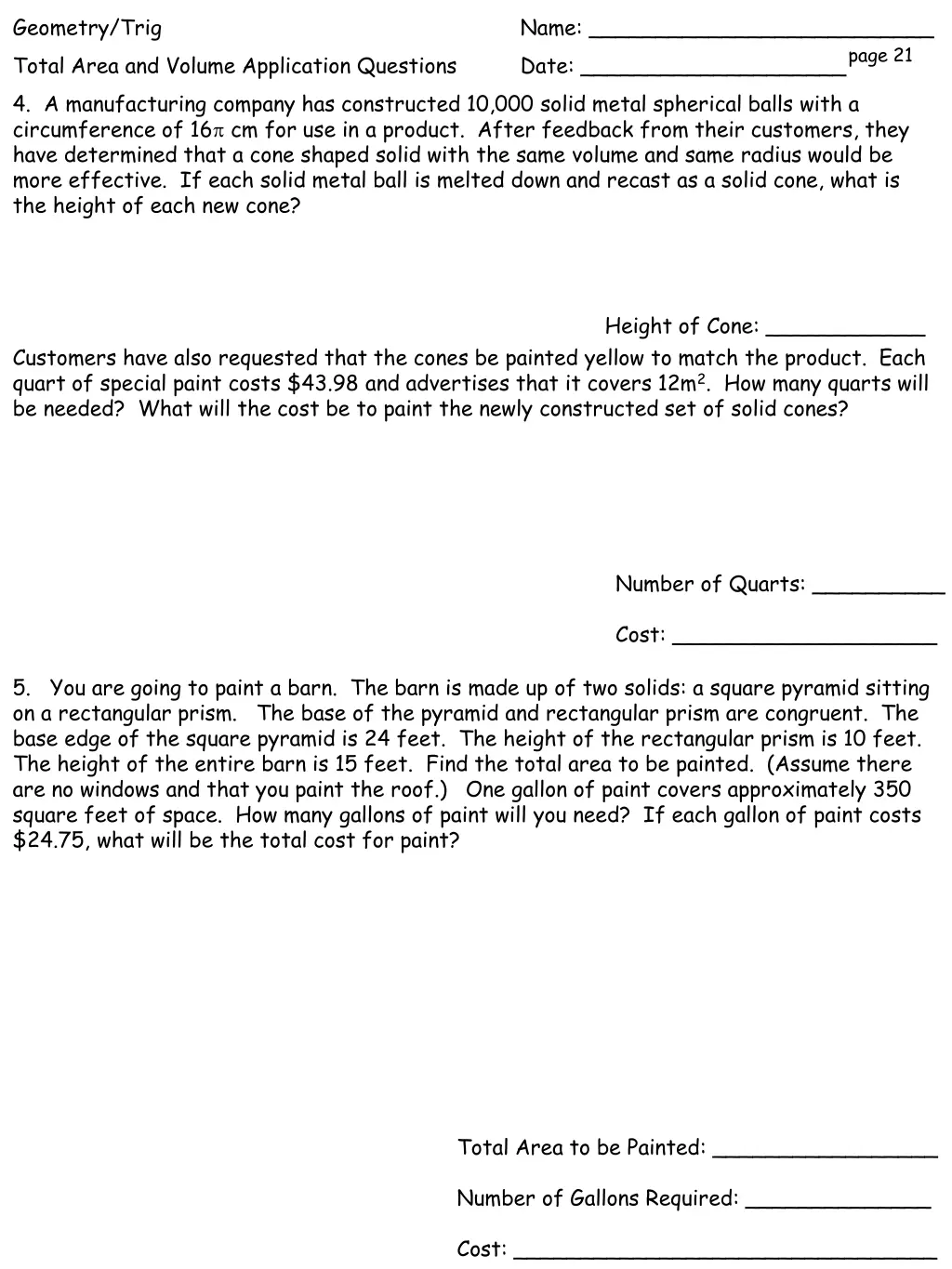 geometry trig total area and volume application