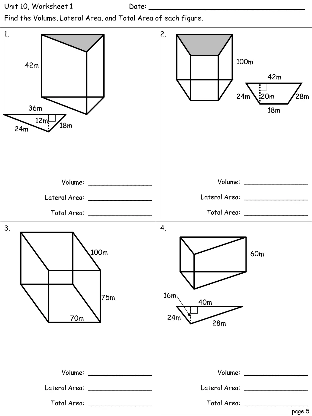 unit 10 worksheet 1 find the volume lateral area