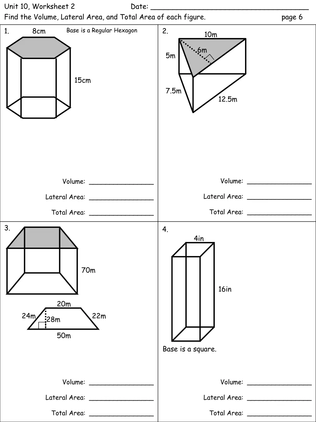 unit 10 worksheet 2 find the volume lateral area