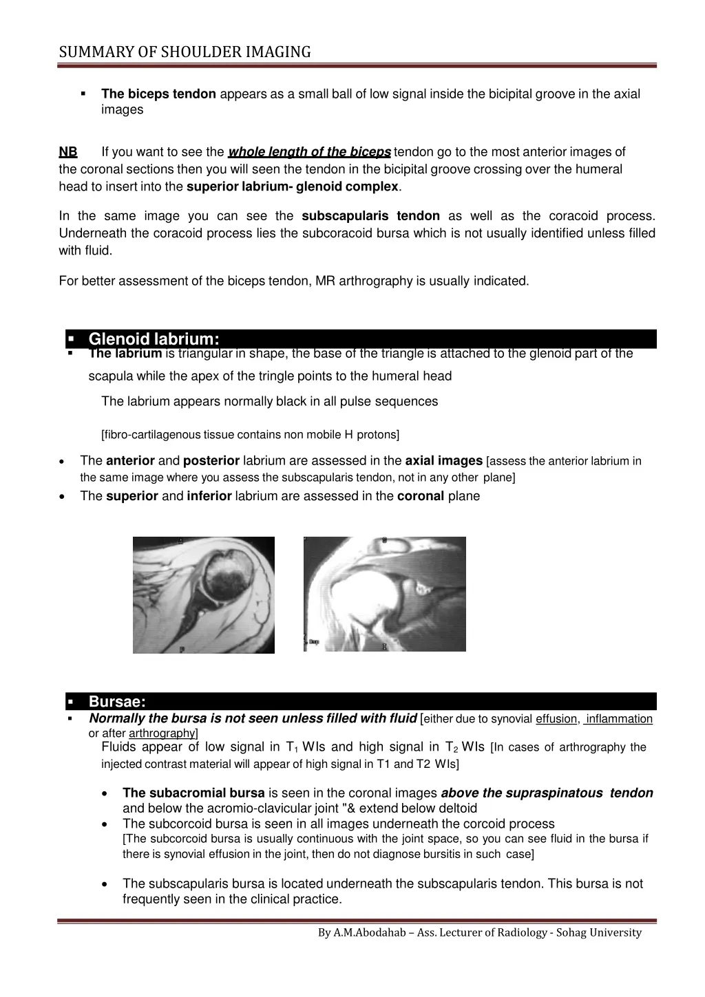 summary of shoulder imaging