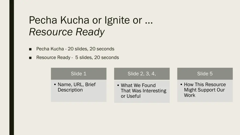 pecha kucha or ignite or resource ready