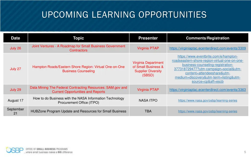 upcoming learning opportunities