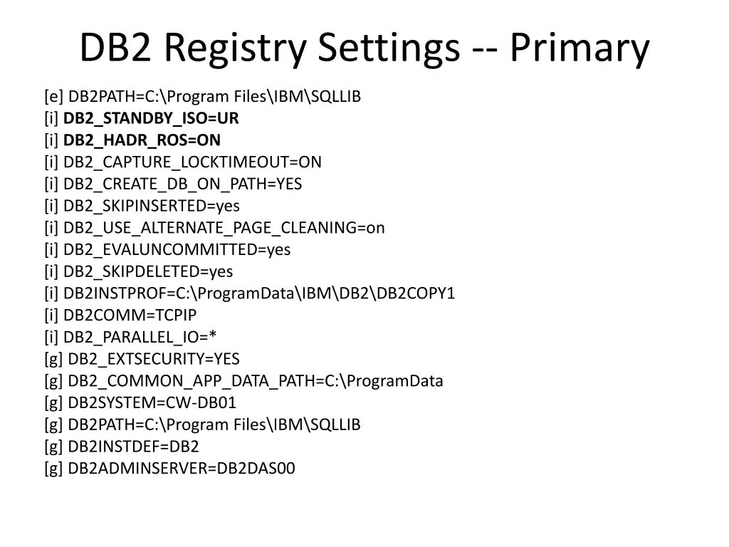 db2 registry settings primary