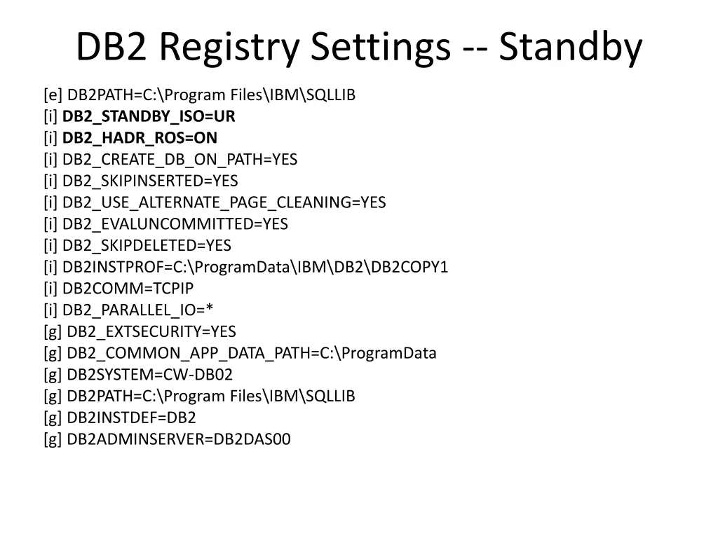 db2 registry settings standby