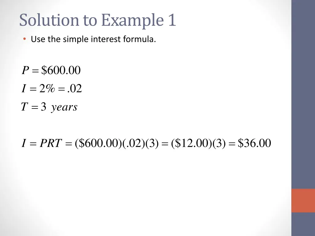 solution to example 1 use the simple interest