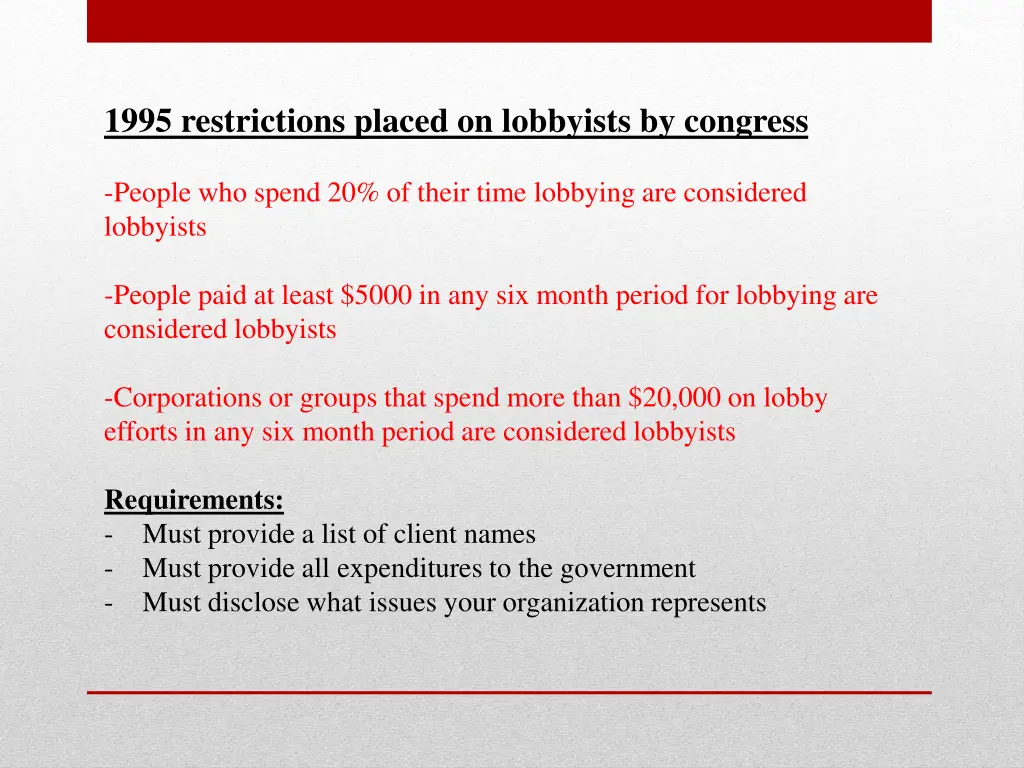 1995 restrictions placed on lobbyists by congress