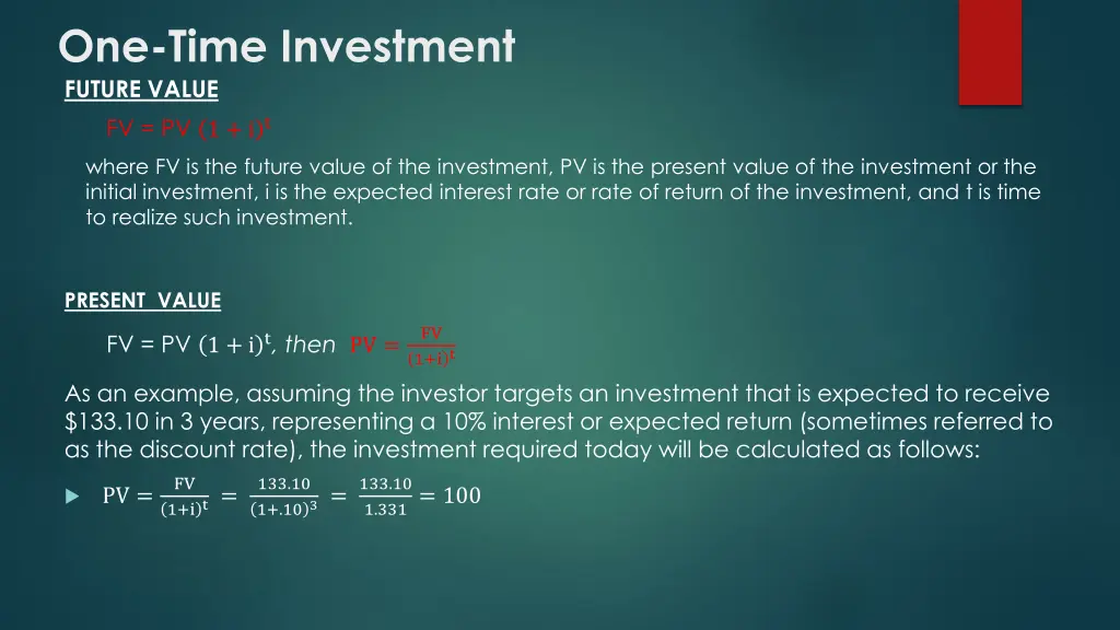 one time investment future value fv pv 1 i t