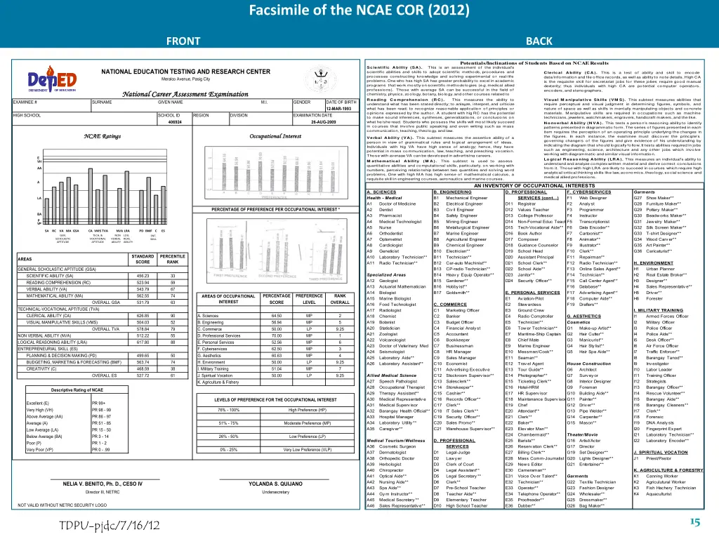 facsimile of the ncae cor 2012