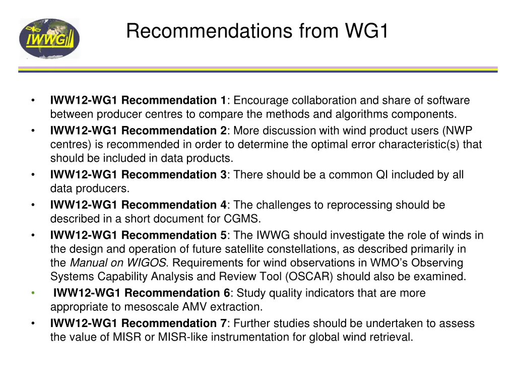 recommendations from wg1