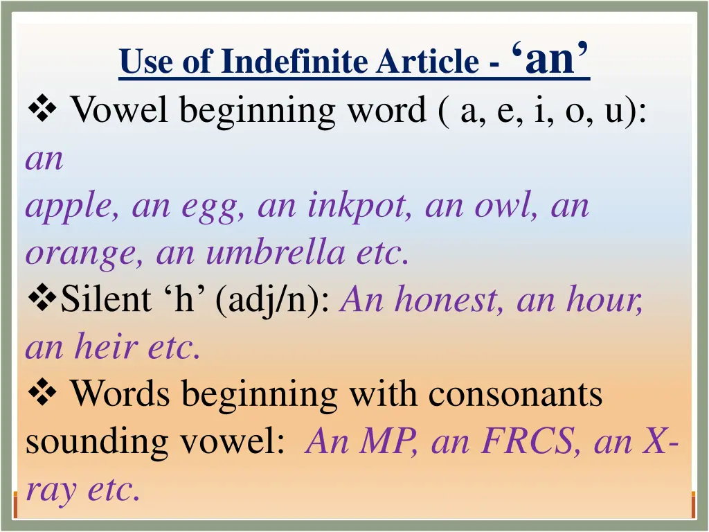 use of indefinite article an vowel beginning word