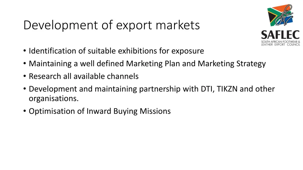 development of export markets