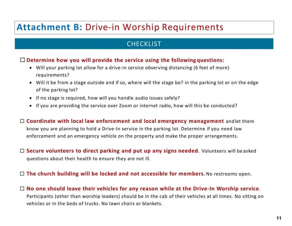 attachment b drive in worship requirements