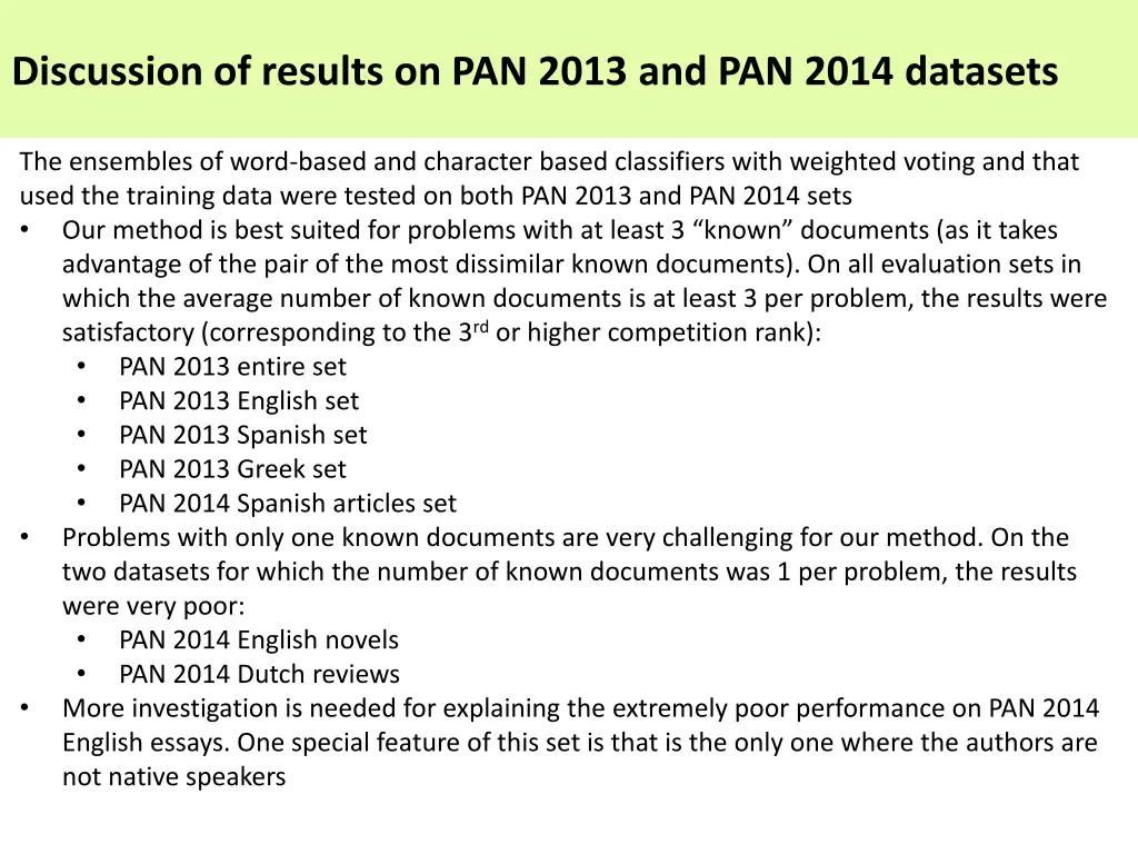 discussion of results on pan 2013 and pan 2014