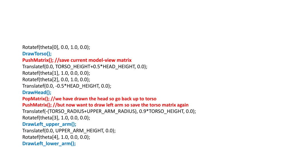 rotatef theta 0 0 0 1 0 0 0 drawtorso pushmatrix