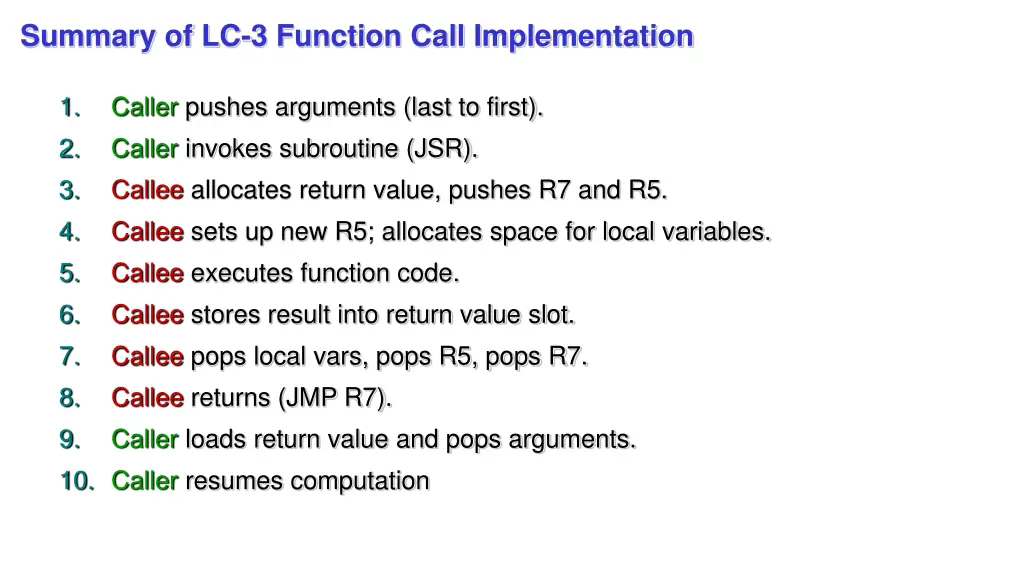 summary of lc 3 function call implementation