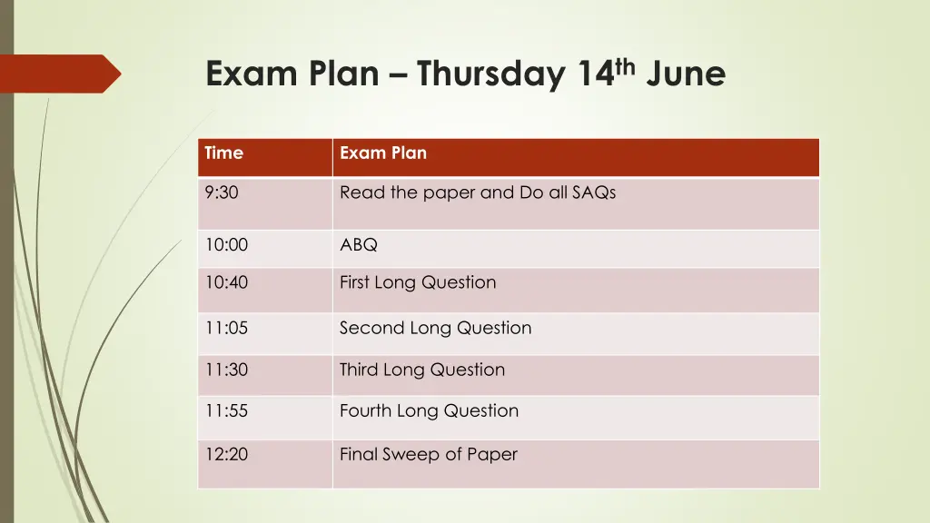 exam plan thursday 14 th june