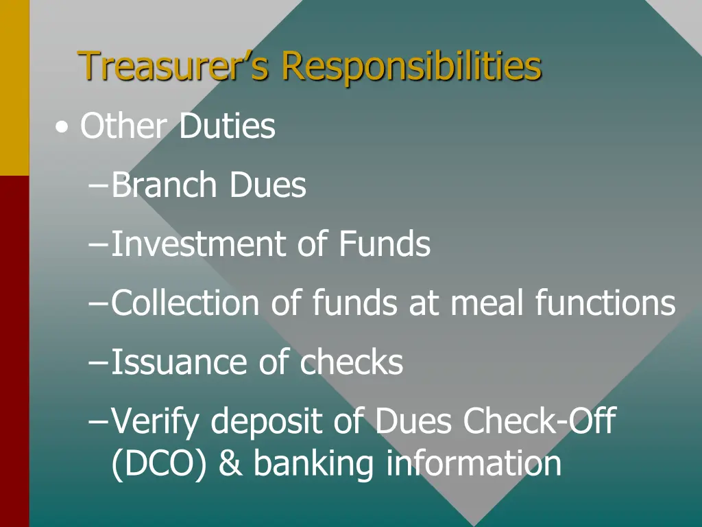 treasurer s responsibilities other duties branch