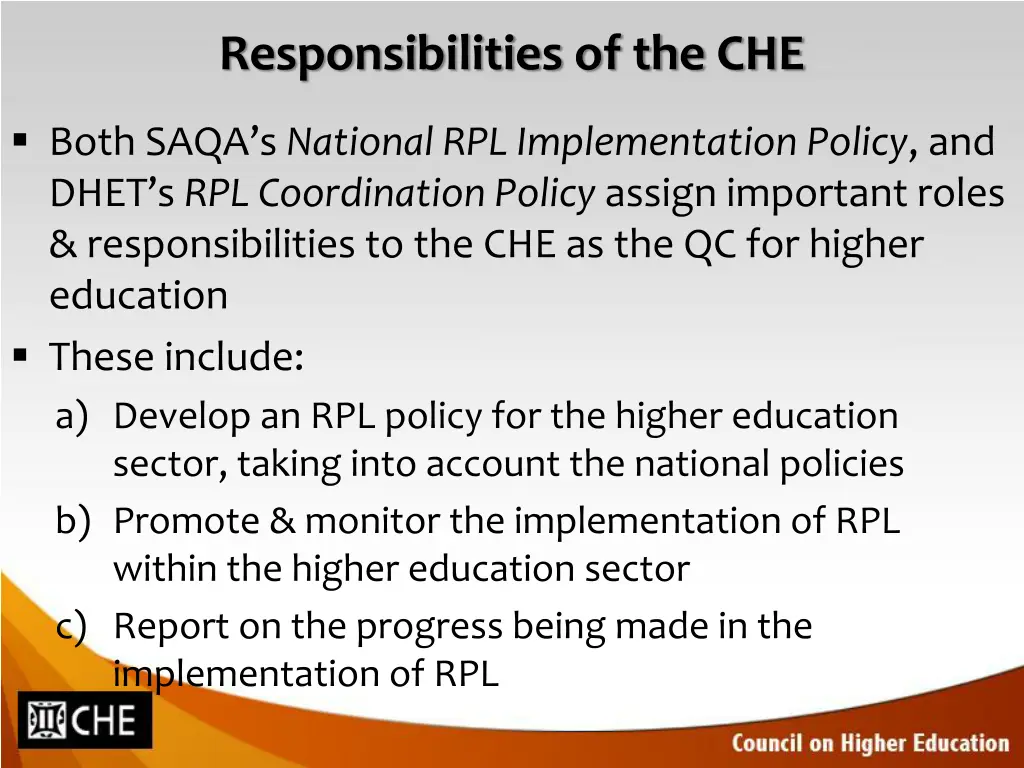 responsibilities of the che