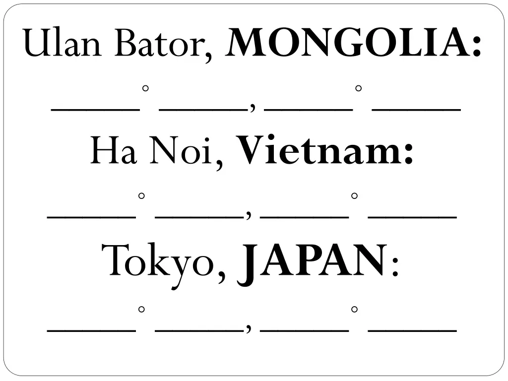 ulan bator mongolia ha noi vietnam tokyo japan