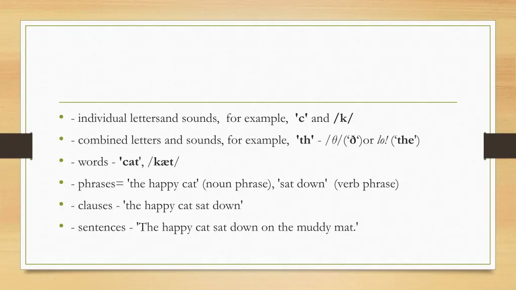 individual lettersand sounds for example