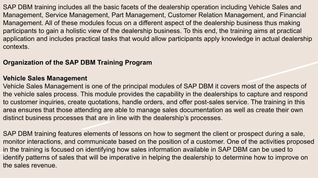 sap dbm training includes all the basic facets