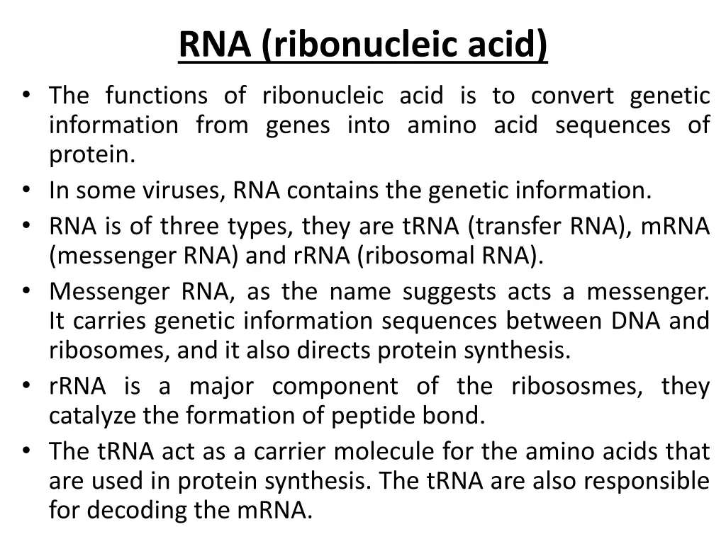 rna ribonucleic acid the functions of ribonucleic