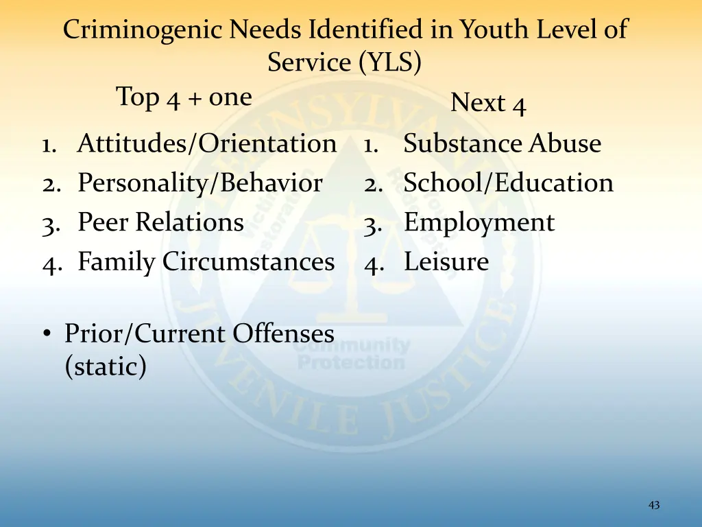 criminogenic needs identified in youth level