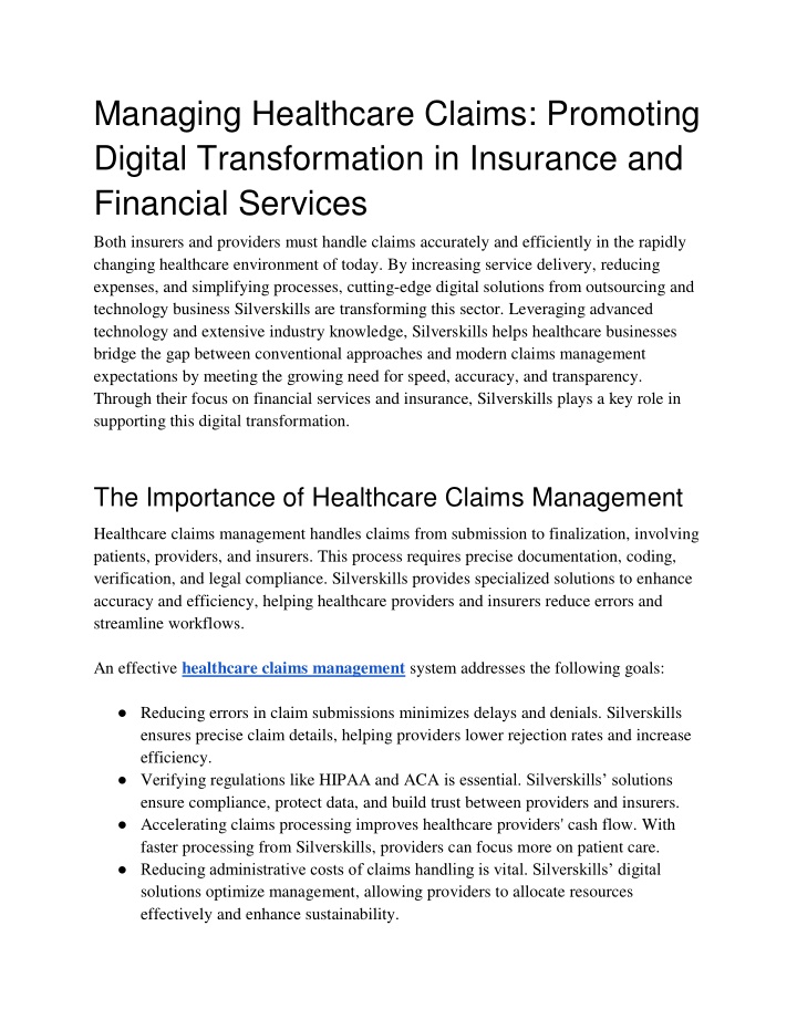 managing healthcare claims promoting digital