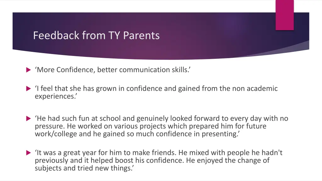 feedback from ty parents