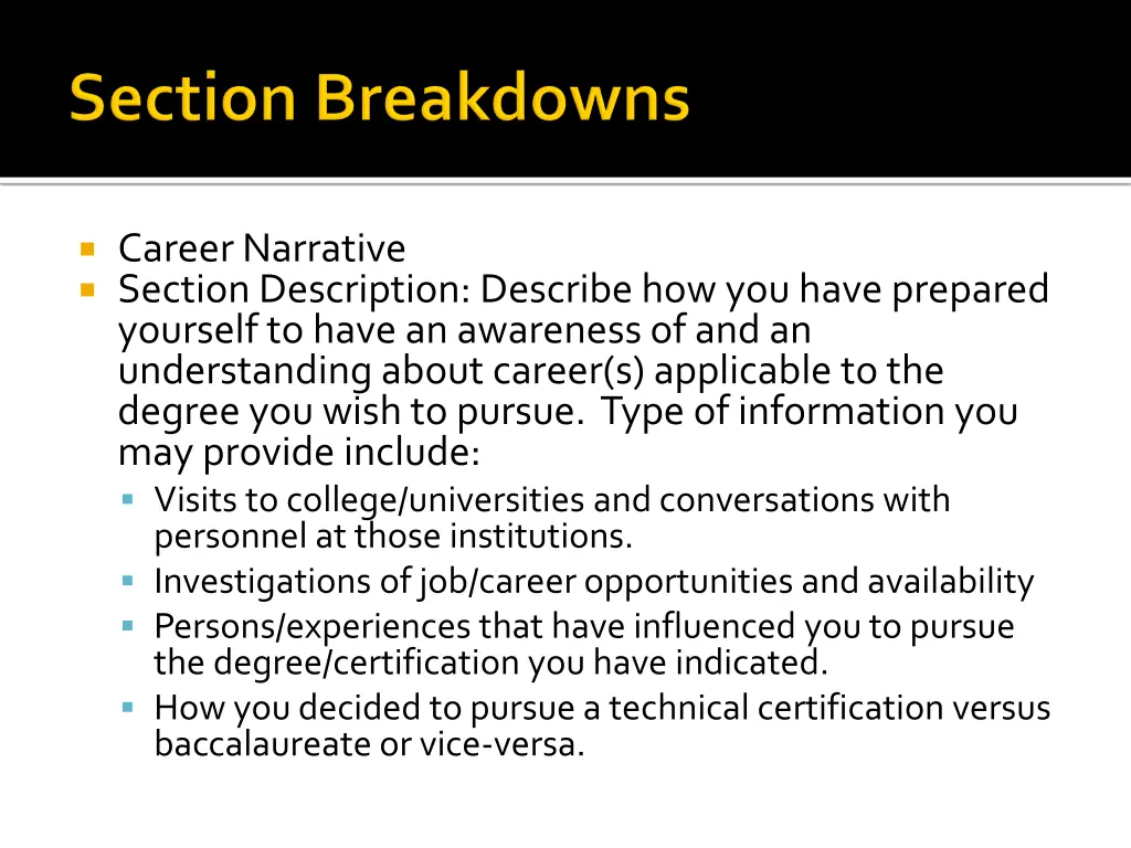 career narrative section description describe