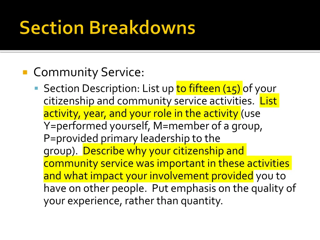 community service section description list