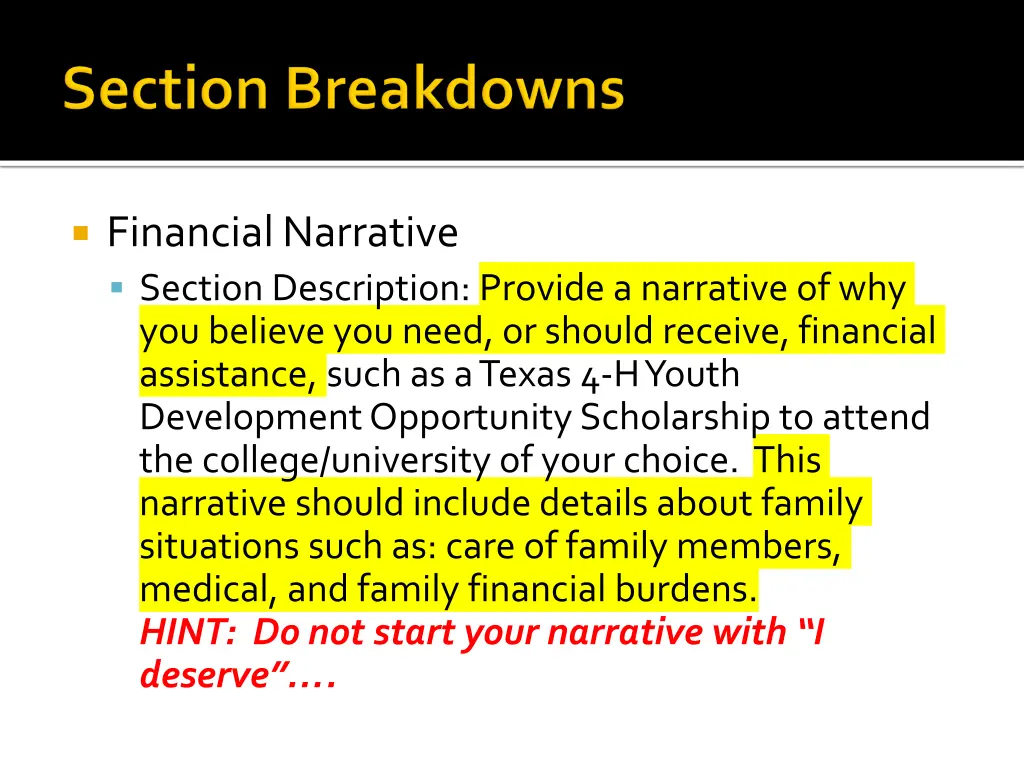 financial narrative section description provide