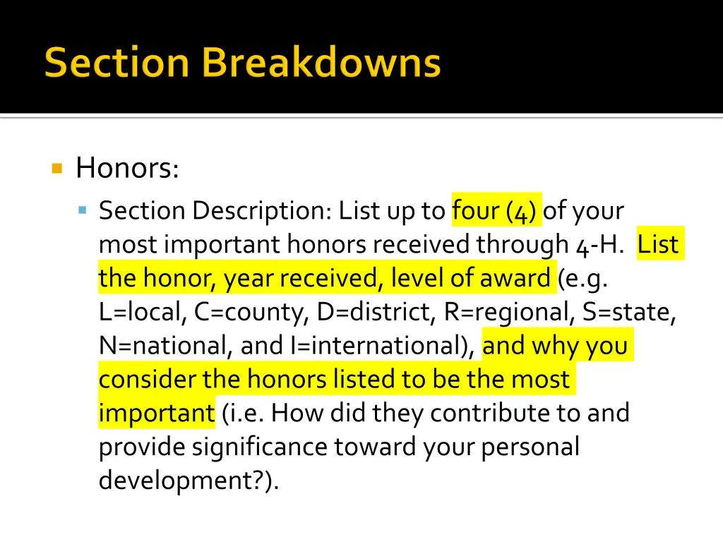 honors section description list up to four